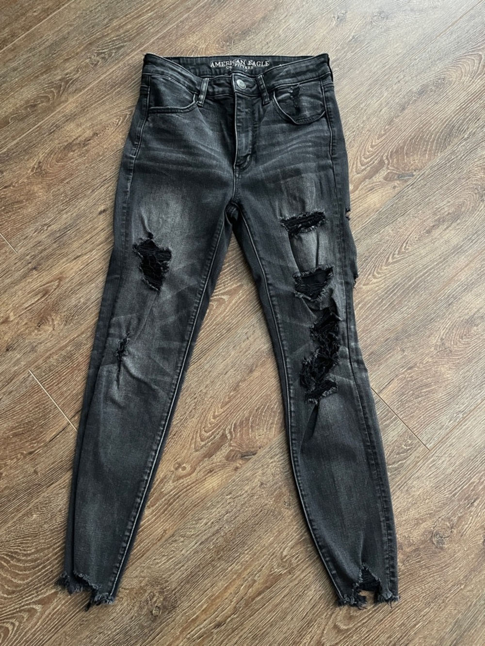 American Eagle Outfitters Black Distressed Skinny Jeans with Raw Hem